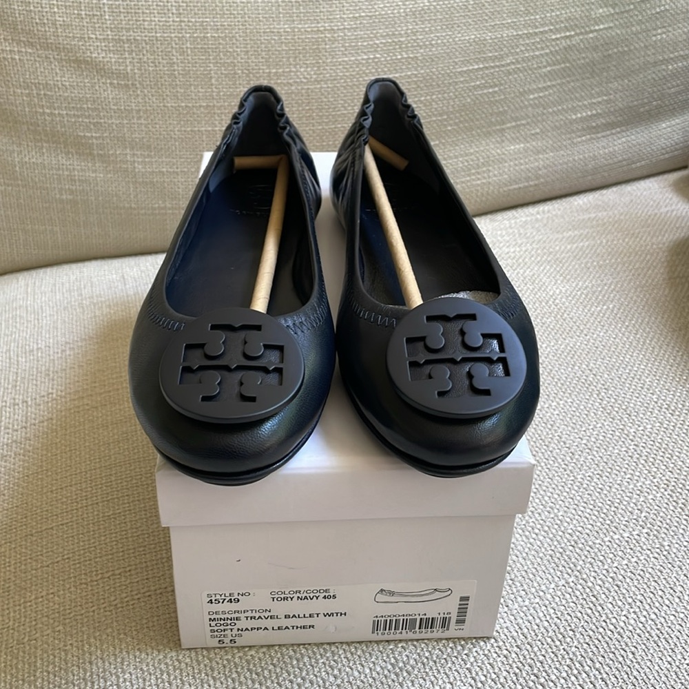 New Tory Burch Minnie Travel Ballet Dark Navy Flat 5.5